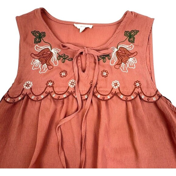 E&M Terra Cotta Embroidered Tie-Front Tank Top Bohemian Boho Crinkle Texture L - Picture 2 of 10